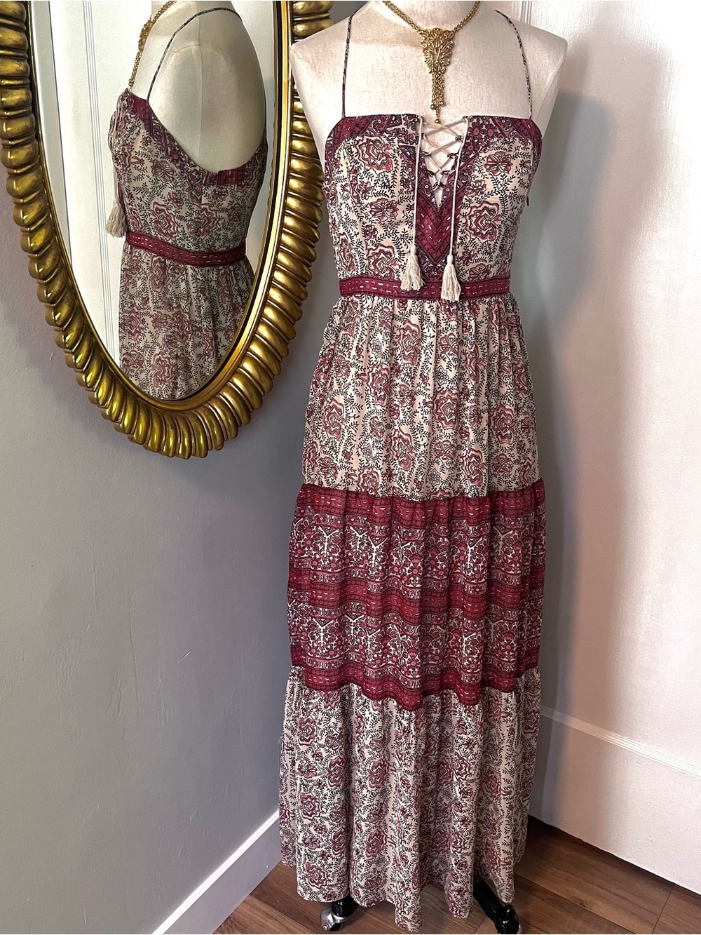 Ecote’ Bohemian Lace Front Maxi Dress in Burgundy and Cream, Sz 4